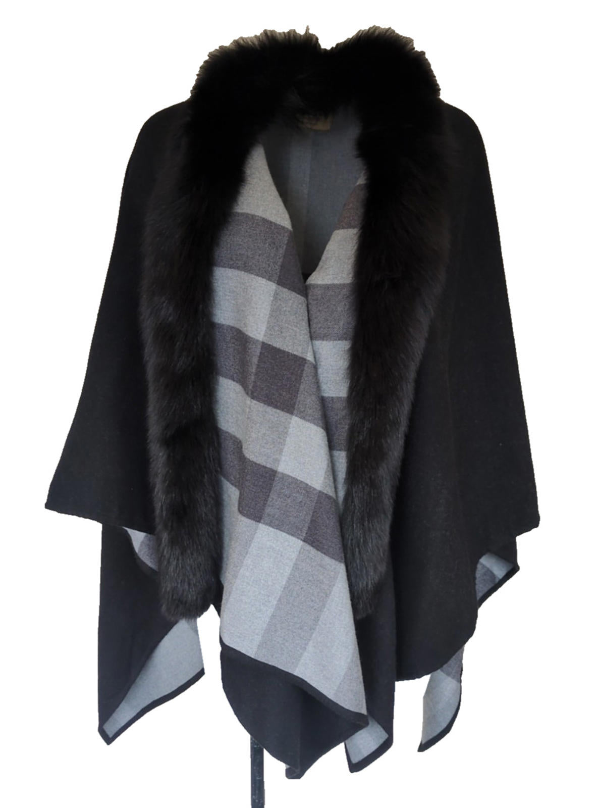 Burberry Poncho Merino Wool Fox Fur Trim Check Black & Grey One Size
