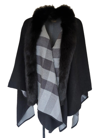 Burberry Poncho Merino Wool Fox Fur Trim Check Black & Grey One Size
