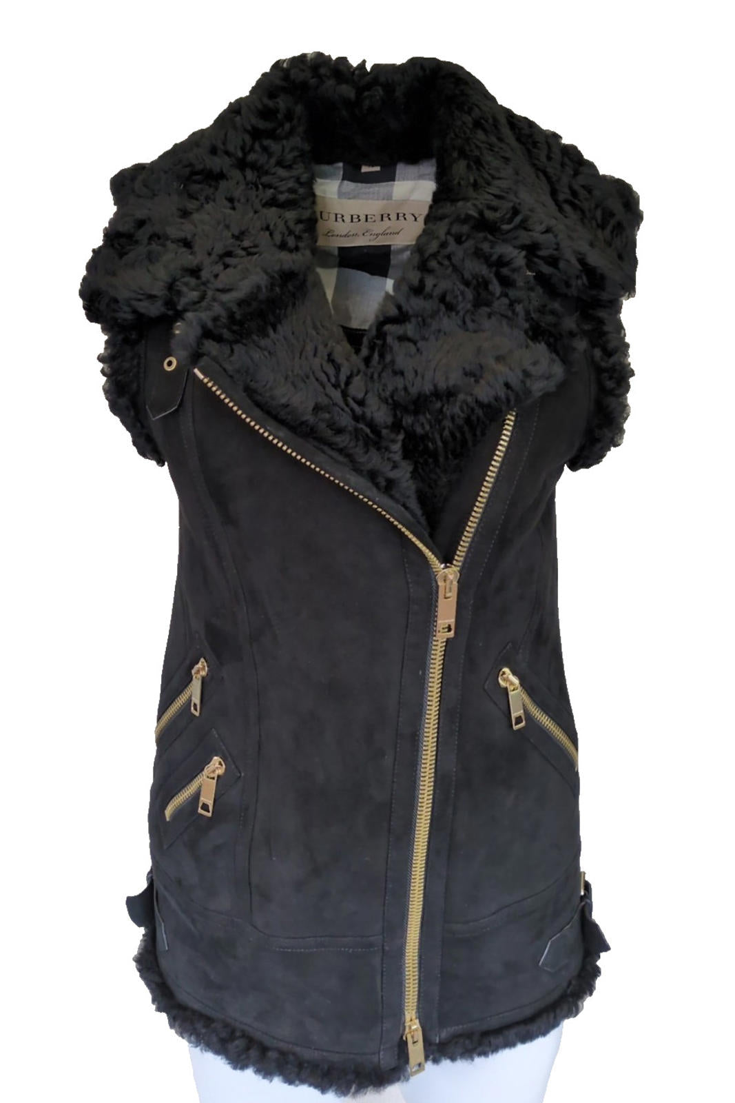 Burberry Gilet UK 4 Black Suede Shearling Leather USA 2 IT 36 XS XXS