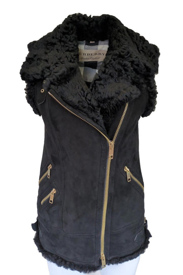 Burberry Gilet UK 4 Black Suede Shearling Leather USA 2 IT 36 XS XXS