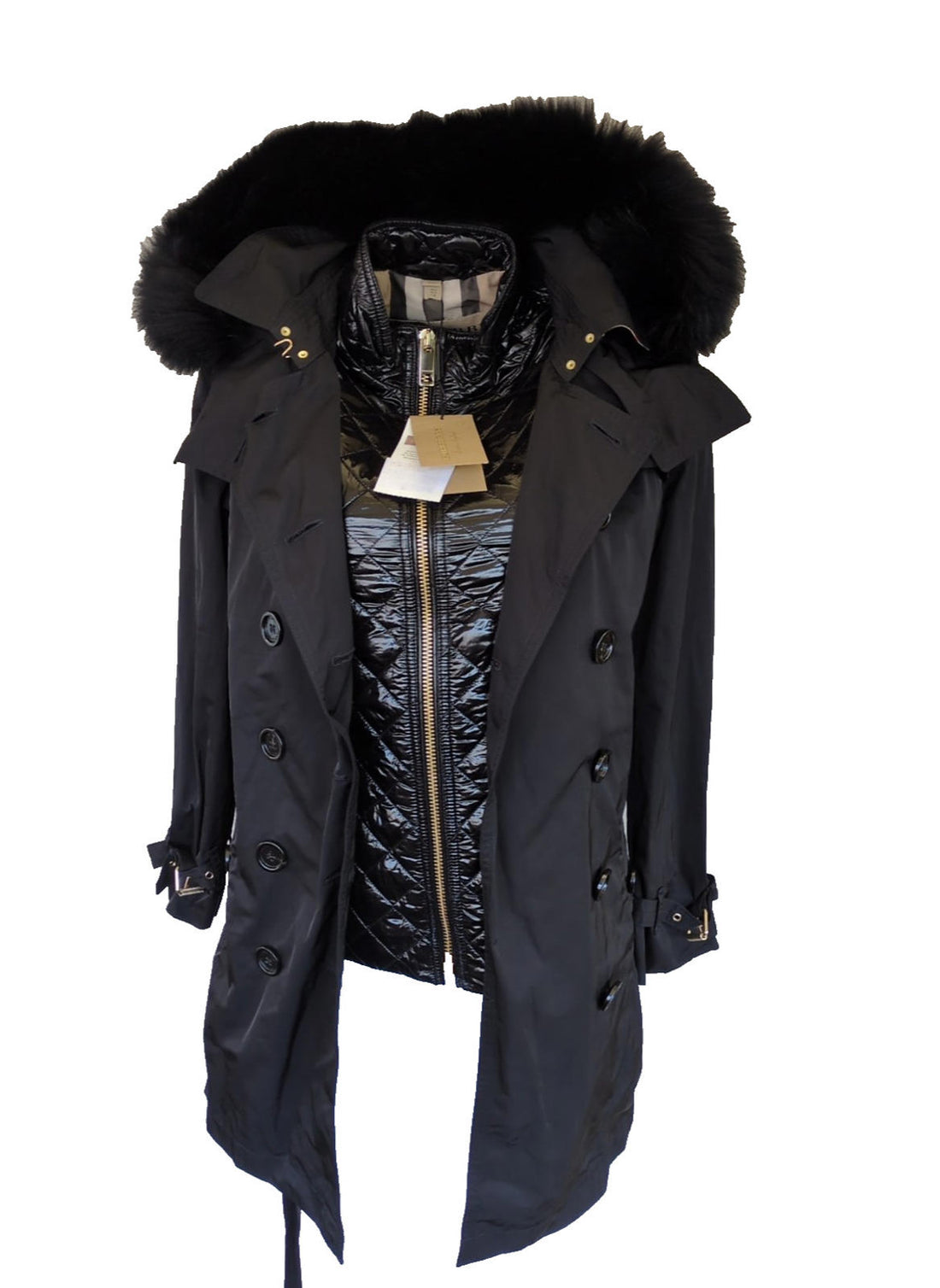 Burberry Coat + Gillet UK 6 BNWT USA 4 IT 38 S Black Hooded Check Collar