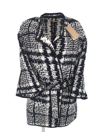 Burberry Wrap Coat UK 6 S M Italy Wool & Silk Black White Monochrome