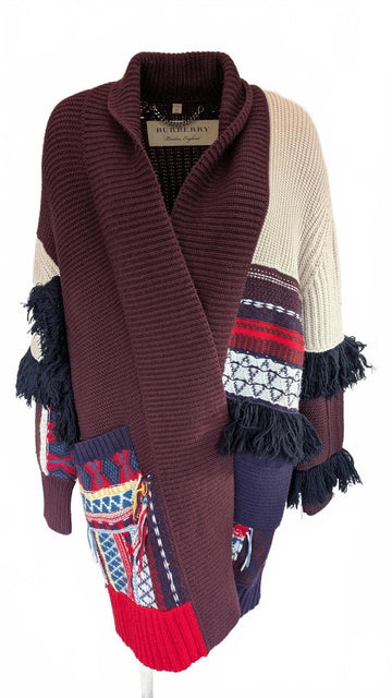 Burberry Fringed Patchwork Wool & Cashmere Coatigan Medium Large M / L 10 12 14