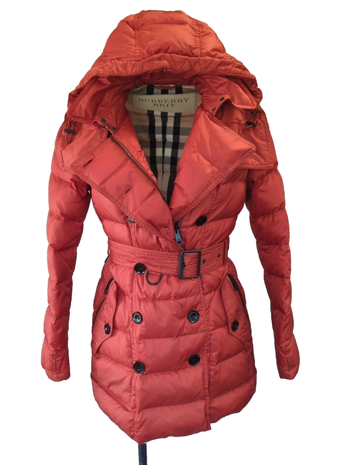 Burberry Puffer Coat Medium UK 10 - 12 Jacket Orange / Red Hooded Medium Down