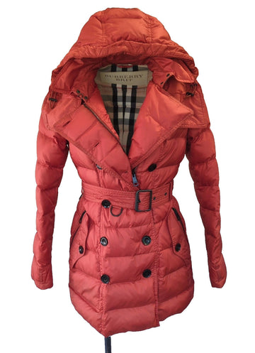 Burberry Puffer Coat Medium UK 10 - 12 Jacket Orange / Red Hooded Medium Down