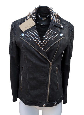 Burberry Biker Jacket XS Black Denim Metal Studs 4 6