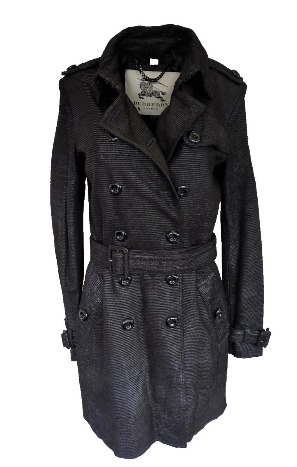 Burberry Leather Trench Coat UK 8 Black Striped Italian US 6 IT 40