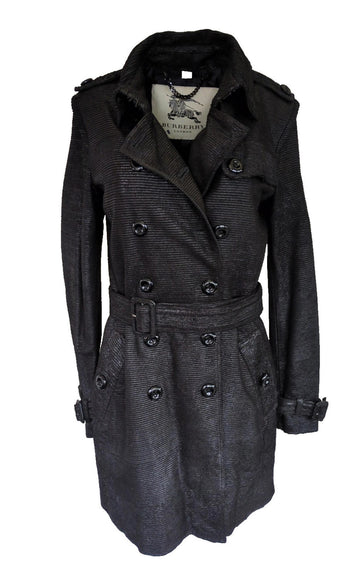 Burberry Leather Trench Coat UK 8 Black Striped Italian US 6 IT 40