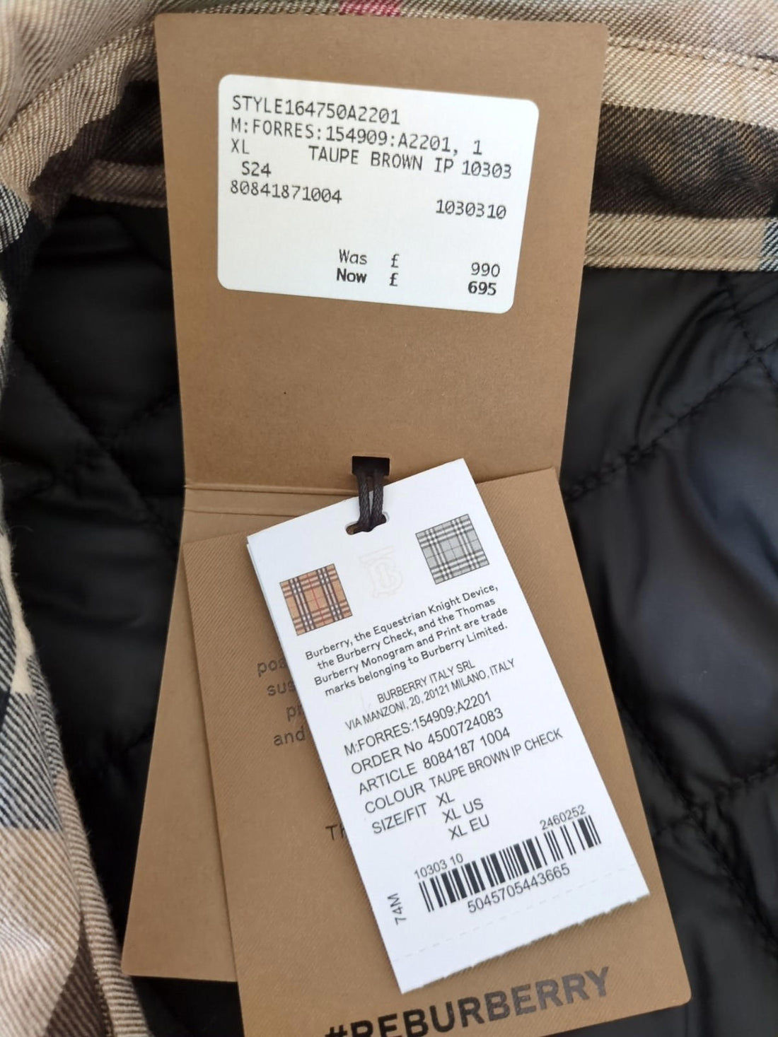 Burberry Jacket XL Forres Diamond Quilted Taupe Brown Nova Check New