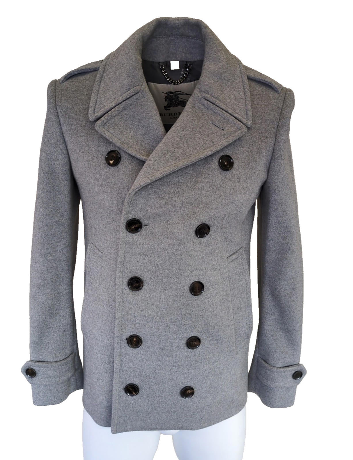 Burberry Overcoat IT 48 Grey Pea Coat UK 48" Chest Small Wool & Cashmere